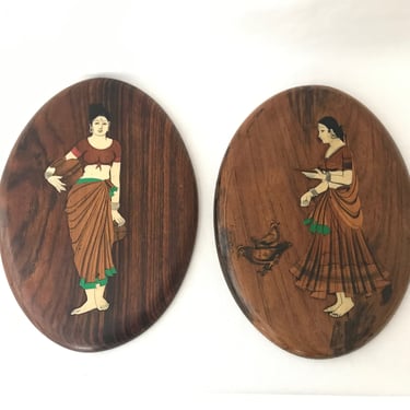 Pair Vintage Mid Century Indian Wood Marquetry Inlay Rosewood Bone Village Woman Scene Oval Shape 