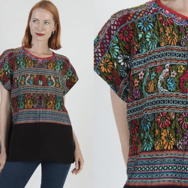 Traditional Huipil Embroidered Bird Tunic Vintage Cotton Aztec Textile Mexican Colorful Tourist Poncho Blouse 