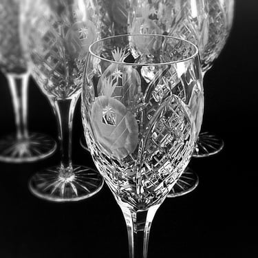 4 Cut crystal fluted champagne glasses by American Cut in Vega pattern w/ roses & criss cross patterns Hungarian crystal wedding gift 