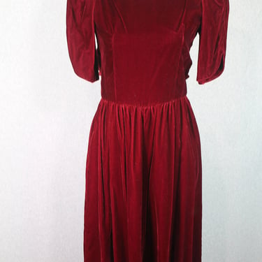 1980s Red Velvet Party Dress || Puff Sleeves || Low Back - Size Small 