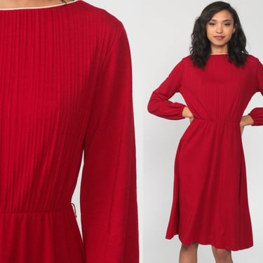 Plain Red Dress 70s Midi Day Dress Knife Pleated High Waisted 80s Secretary 1970s Vintage Long Sleeve Bohemian Small 