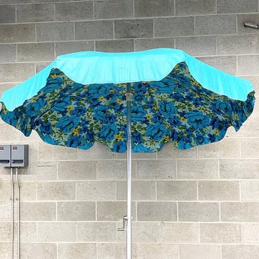 Vintage Patio Umbrella Retro 1960s Mid Century Modern + Blue + Floral Print + Silver Metal Frame + Outdoor Shade + Poolside + Retracktable 