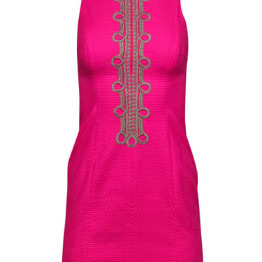 Lilly Pulitzer - Neon Pink Textured Sleeveless Shift Dress w/ Gold Embroidery Sz 00