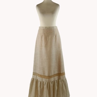 Tiina 1970s Lace Panel Linen Blend Maxi Skirt - Finnish Vintage - Size S 