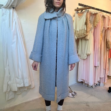 Rare 1960s Trench baby blue wool coat with large bell sleeves 