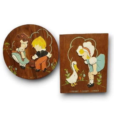 Vintage Mother Goose Wall Plaques, Jack and Jill & Goosey Goosey Gander, Children's Rhyme Fairy Tales, 1940s Vintage Nursery Wall Decor 