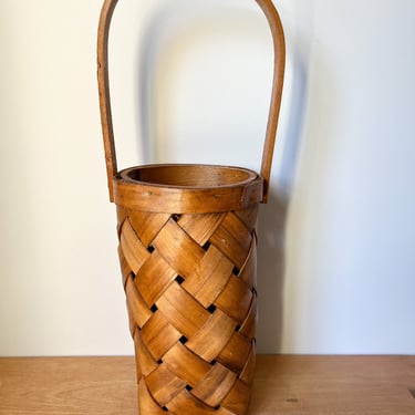Vintage Brown Woven Basket. Vintage Wine Basket with Handle. Tall Woven Dark Wood Basket. 