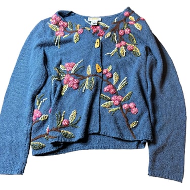 Vintage Talbots Silk Blend Blue Hand Embroidered Floral Cardigan Coquette Sweater, Size Small 