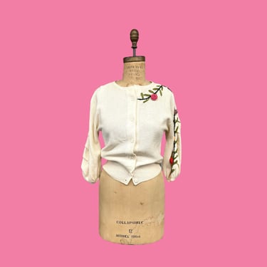 Vintage Cardigan Retro 1960s Harold Levine Boutique + Size 8 + Cream + Embroidered Flowers + Knit + Quarter Sleeve + Womens Apparel 