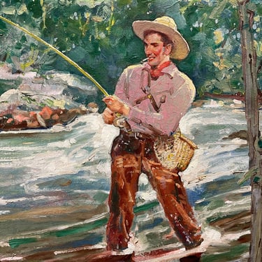 Ralph Pallen Coleman (1892-1968), Fisherman, Oil on Board Painting Framed, Western Realism, American Scenic Wall Art, Philadelphia Artist 