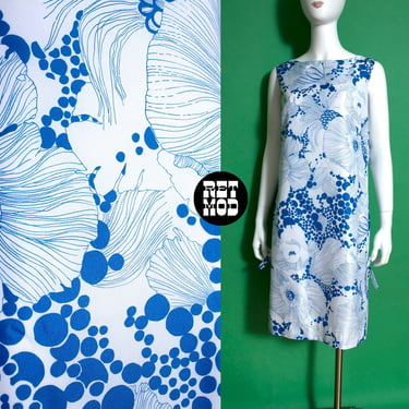 Vintage 60s 70s White & Blue Floral Dots Hawaiian Sleeveless Shift Dress 