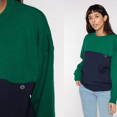Color Block Sweater 80s Knit Striped Sweater Navy Glue Green Colorblock Pullover Button Pocket Normcore 90s Vintage Retro Mens Medium M 