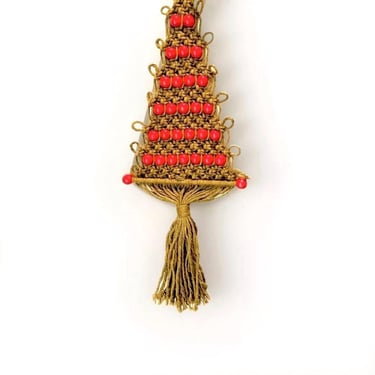 Vintage Macrame Christmas Tree Wall Hanging Red Wooden Beads Handmade | 34”X 11.5” 