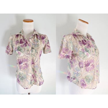 Vintage Sheer Floral Blouse - 70s Boho Hippie Cropped Top - Size Small 