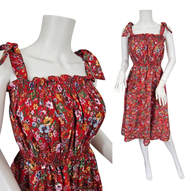 1970s Red Cotton Blend Disty Print Sleeveless Sundress I Sz Sm 