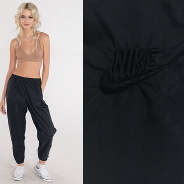 Nike Track Pants 90s Black Nylon Joggers Tapered Jogging Track Suit Warm Up Suit Athletic Pants Sports Retro Streetwear Vintage 1990s Medium 