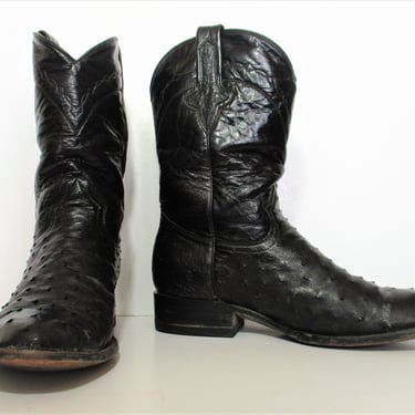 Vintage Trophy Series Black Full Quill Ostrich Leather Cowboy Boots, Size 9EE Men, Roper Boots 