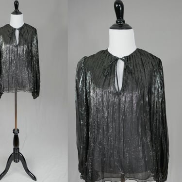 80s Oscar de la Renta Party Blouse - Pleated Black Metallic Silver - Sheer Full Sleeves Top - Vintage 1980s - M 