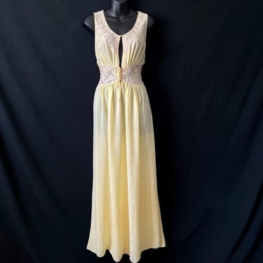 1930s yellow nightgown set Hatem floral lace long silky gown and robe peignoir small 