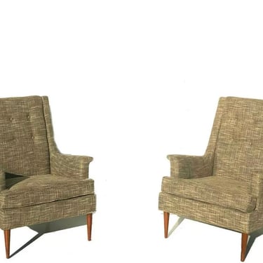 Mid century modern pair lounge armchairs club chairs walnut restored 