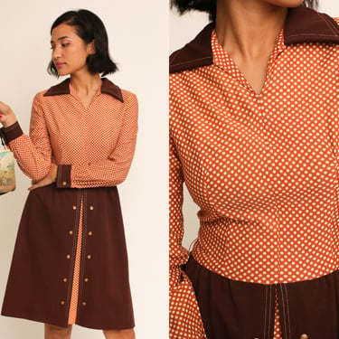 Vintage 1960s 60s Brown & Rusty Orange Polka Dot Long Sleeve Mini Dress w/ Dagger Collar // Dagger Collar 