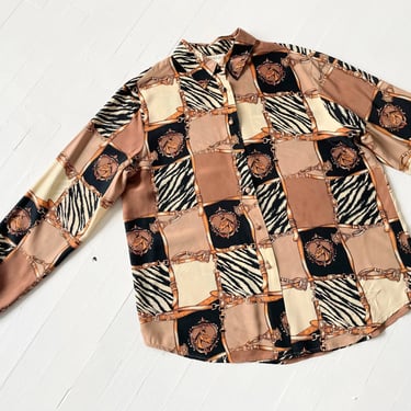 1990s Silk Equestrian + Zebra Print Shirt 