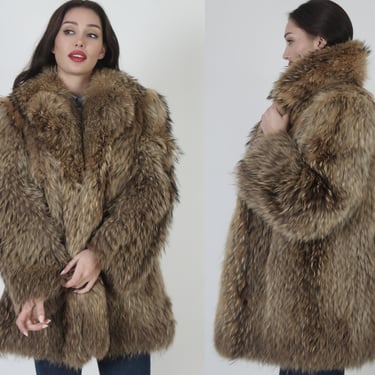 Genuine Shaggy 70s Tanuki Fur Coat / Vintage Mountainman Real Raccoon Jacket / Mens Womens Shaggy Winter Ski Overcoat 