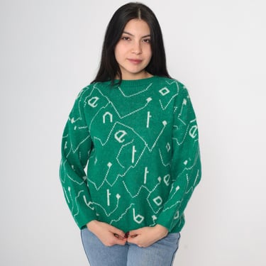 Vintage Benetton Sweater 80s Green Wool Blend Knit Pullover Spell Out Graphic Print Made in Italy 1980s Small Medium 