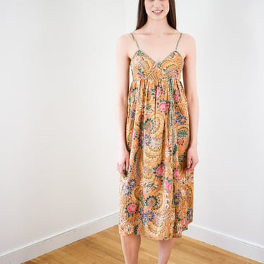 Vintage 1970s Saks Cotton Sundress | XXS/XS |  70s / 80s Batik Style Floral Print Wrap Dress | Saks 5th Ave 
