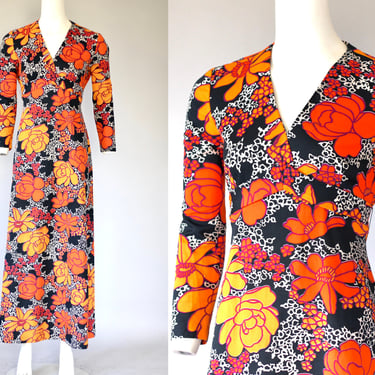 1960s Tie Waist Floral Maxi Dress - Vintage Empire Waist Long Sleeve Knit Dress - Medium 
