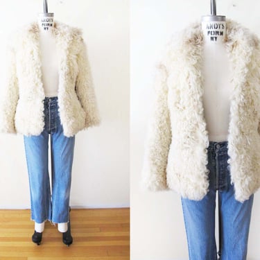 Vintage 70s Mongolian Curly Sheepskin Fur Jacket XS S - 1970s Cream Shaggy Sheepskin Short Jacket - Bohemian Hippie Style 