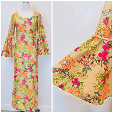 1970s Patterns Pacific Poly Knit Floral Maxi Dress / 70s Hawaii Tan Colorful Flower Bell Sleeve Dress / Small - Medium 