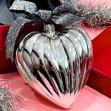 VINTAGE: Silver Glass Christmas Heart Ornament In Box - Mercury Ornament - Love - Holiday - Xmas 