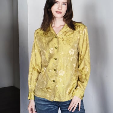 Vintage Yves Saint Laurent 1990s Rive Gauche Chartreuse Floral Silk Top with Ceramic Floral Buttons sz FR 40 XS S M 