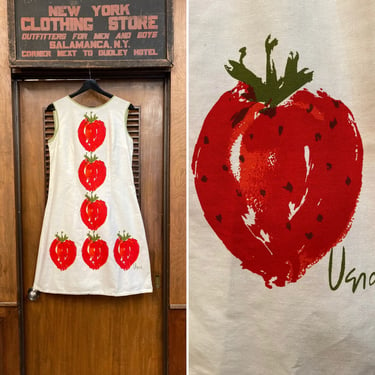 Vintage 1960’s Vera Label Strawberry Print Cotton Shift Mod Dress, 1960’s Dress, Mod, Shift Dress, Strawberry Print, Vera Label 