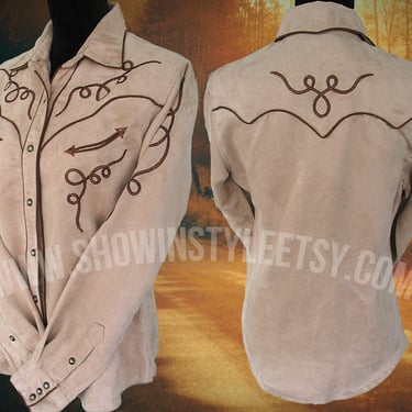 Panhandle Slim Vintage Retro Western Women's Cowgirl Shirt, Faux Suede, Embroidered Rope Designs, Tag Size Medium (see meas. photo) 