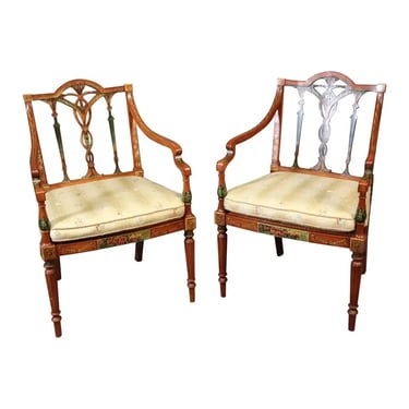 Pair of English Adams Style Satinwood Paint Decorated Cane Seat Armchairs