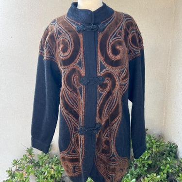 Vintage cardigan sweater black mohair wool blend velvet swirl trim Sz M/L. 