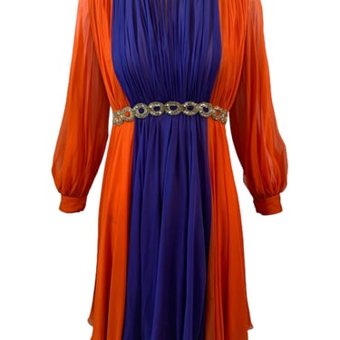 Sarmi 1960's Orange and Violet Chiffon Party Dress with Beaded Waist