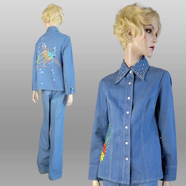 1970s Denim Pantsuit / 1970s Western Suit / Custom Beaded Denim / High Waisted Pants / Denim Shirt-Jac / 1970s Pantsuit / Size Small 