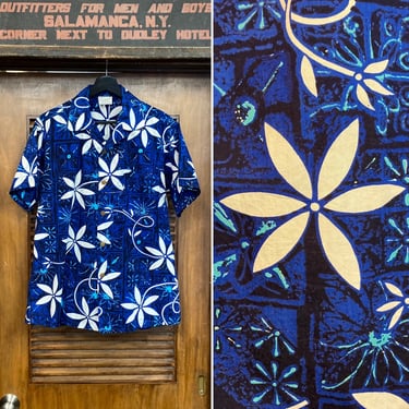 Vintage 1950’s “Shaheen’s” Tiare Tapa Signed Selvedge Elvis Blue Hawaii Cotton Hawaiian Shirt, Original, 50’s Vintage Clothing 