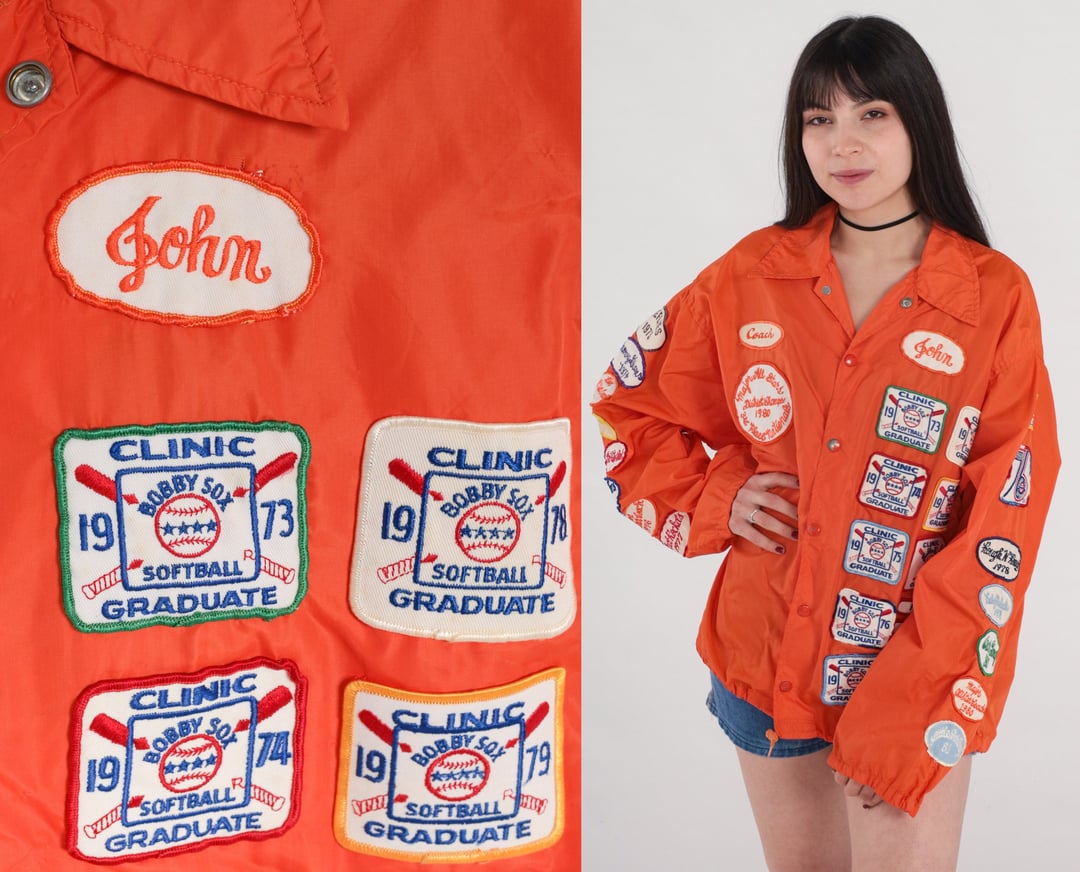 70s Baseball Jacket Orange Softball Patch Jacket 1980 Cer 70s Baseball Jacket Orange Softball Patch Jacket 1980 Cer