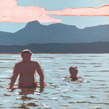 Men in Lake - Original Acrylic Painting on Canvas 20 x 20, square, lake, water, michael van, summer, fine art, men, bathing, man, reflection 