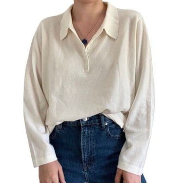 Vintage 1990s Womens White 100% Cashmere Collared Preppy Minimal Sweater Sz 1X 
