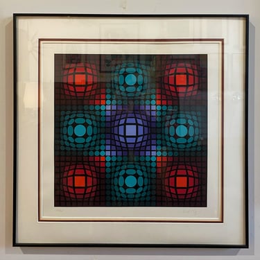 Beautifully Framed Victor Vasarely Signed Serigraph Dyevat in Red and Blue