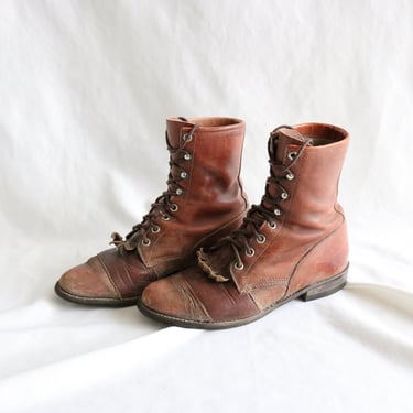 worrrn whiskey leather lace boots - 7 - vintage 90s brown tan beige lace western cowboy cowgirl boots Justin shoes seven 