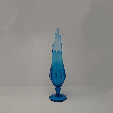 Vintage Blue 19" Swung Glass Tall Footed Stretch Vase Mid Century Art Glass 