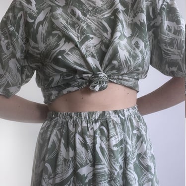 vintage brushstroke print skirt and blouse set small 