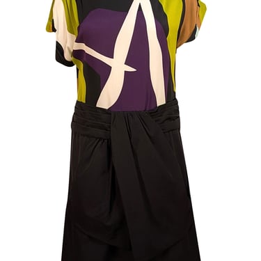 Diane von Furstenberg - Black, Green, Purple Print Draped Dress Sz 12