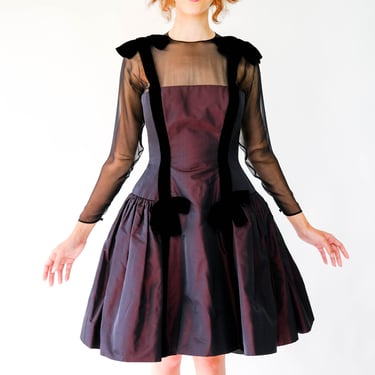 Vintage 80s Oscar De La Renta for Saks Fifth Avenue Black Merlot Sharkskin Mini Gown w/ Sheer Silk & Velvet Bows | 1980s Designer Dress 